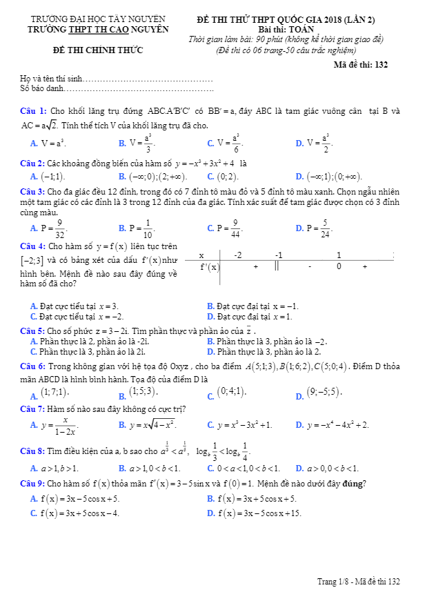 đề thi thử toán thptqg 2018 trường thpt th cao nguyên – tây nguyên lần 2