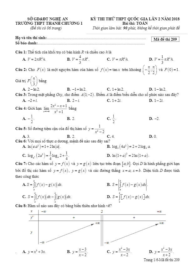 đề thi thử toán thptqg 2018 trường thpt thanh chương 1 – nghệ an lần 2