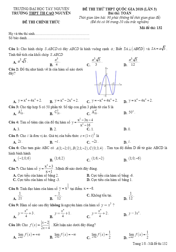 đề thi thử toán thptqg 2018 trường thpt thực hành cao nguyên – đắk lắk lần 3