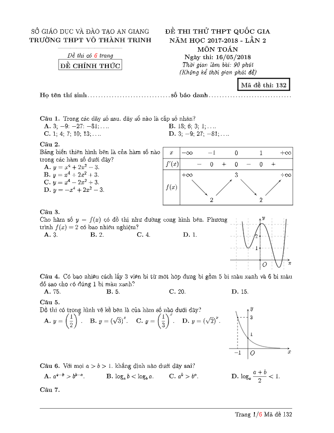 đề thi thử toán thptqg 2018 trường thpt võ thành trinh – an giang lần 2