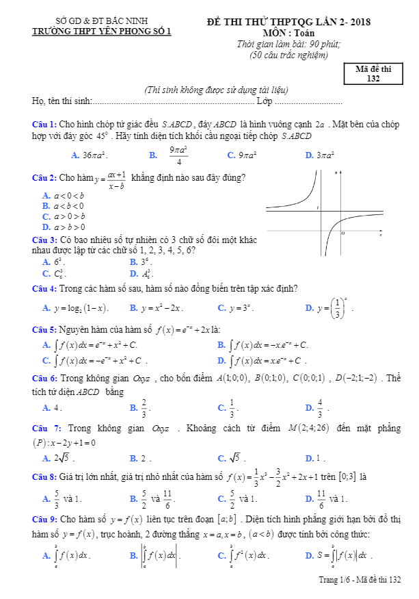 đề thi thử toán thptqg 2018 trường thpt yên phong số 1 – bắc ninh lần 2