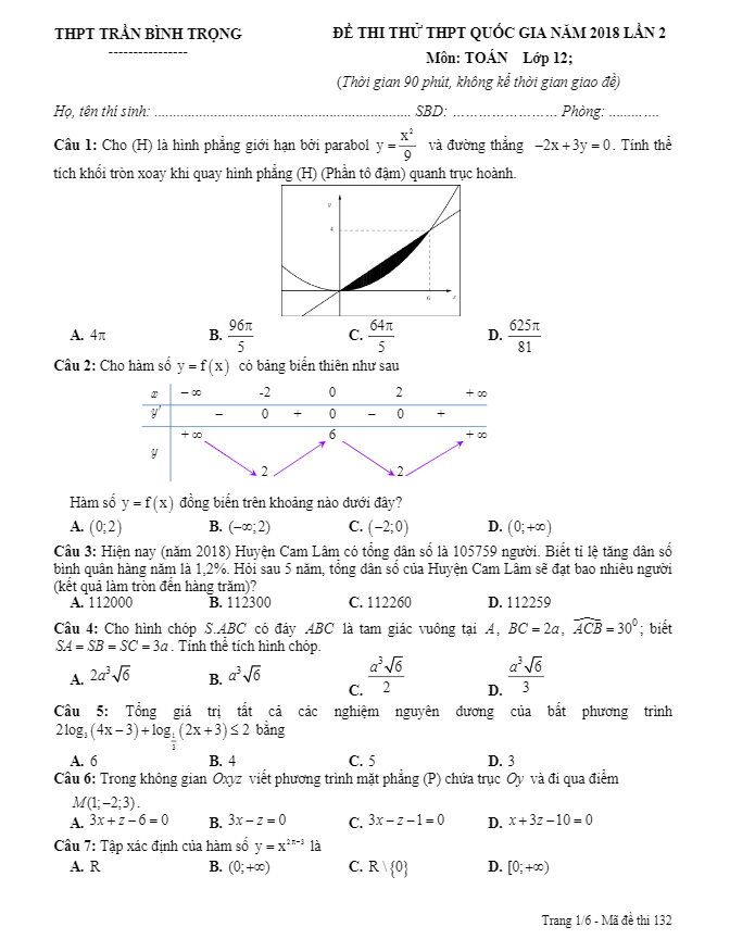 đề thi thử toán thptqg 2018 trường trần bình trọng – khánh hòa lần 2