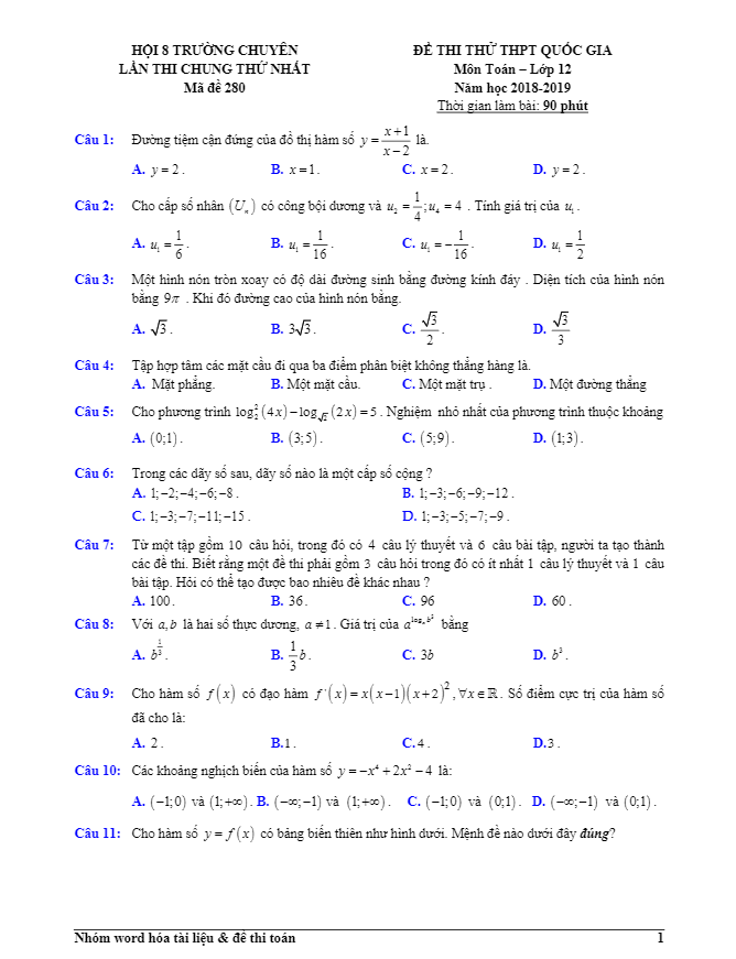 đề thi thử toán thptqg 2019 hội 8 trường chuyên đồng bằng sông hồng lần 1