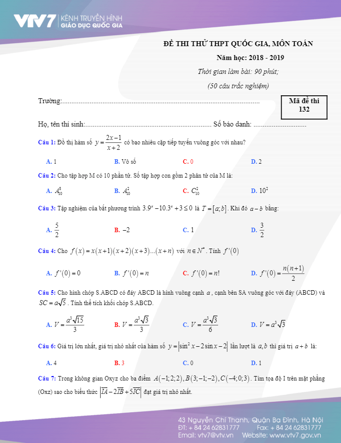 đề thi thử toán thptqg 2019 kênh truyền hình giáo dục quốc gia vtv7