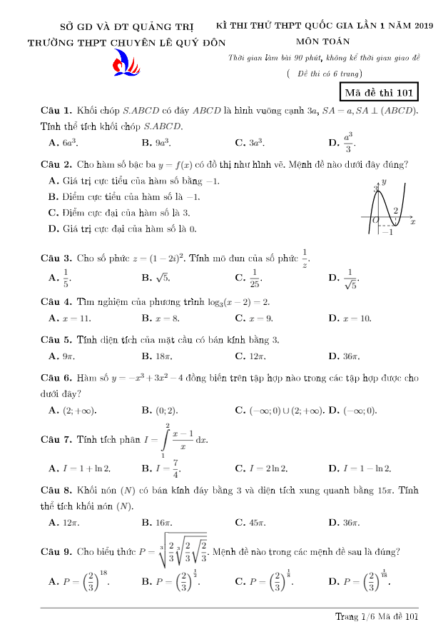 đề thi thử toán thptqg 2019 lần 1 trường chuyên lê quý đôn – quảng trị