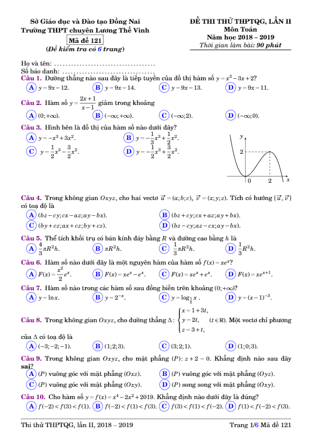đề thi thử toán thptqg 2019 lần 2 trường chuyên lương thế vinh – đồng nai