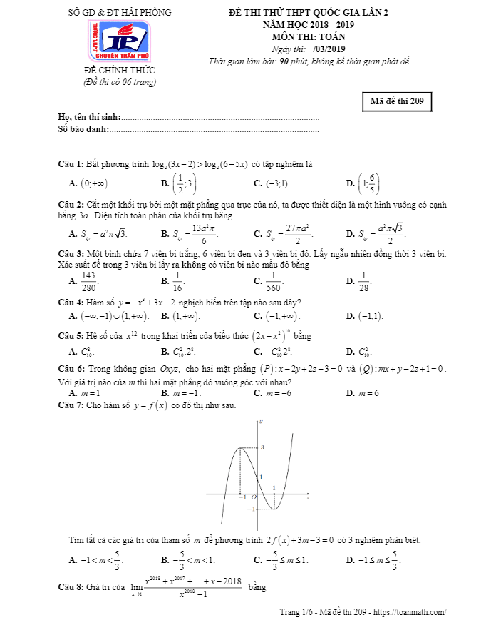 đề thi thử toán thptqg 2019 lần 2 trường chuyên trần phú – hải phòng