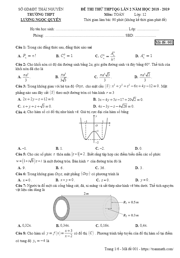 đề thi thử toán thptqg 2019 lần 2 trường lương ngọc quyến – thái nguyên