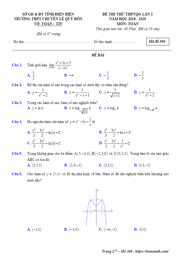 đề thi thử toán thptqg 2019 lần 2 trường thpt chuyên lê quý đôn – điện biên