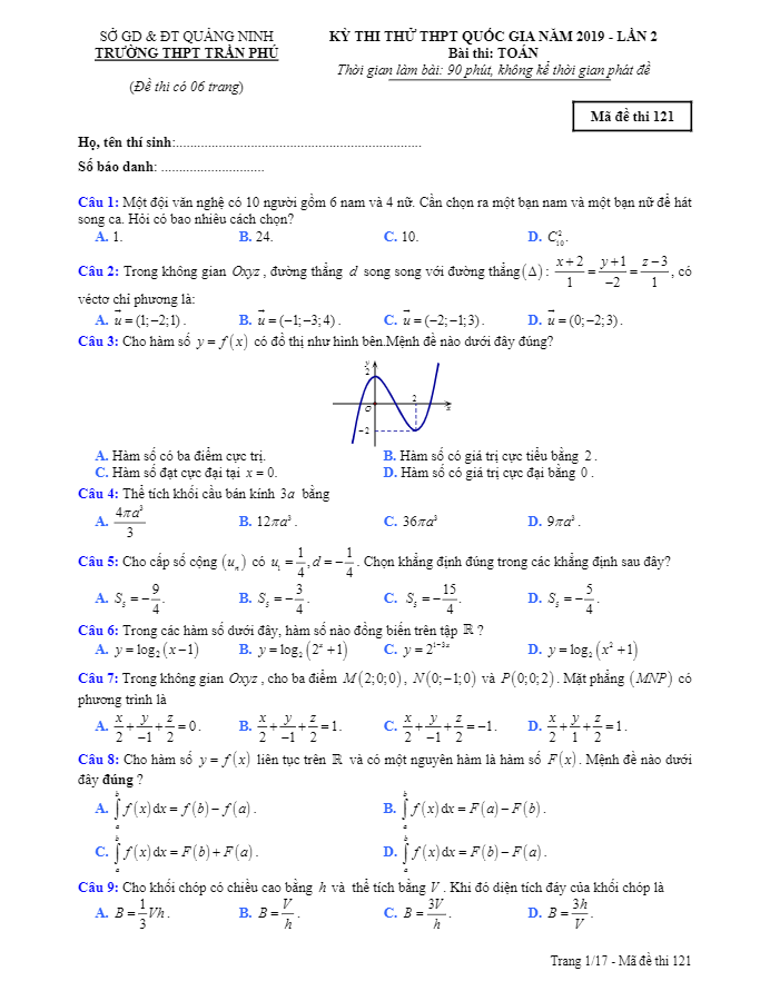 đề thi thử toán thptqg 2019 lần 2 trường thpt trần phú – quảng ninh