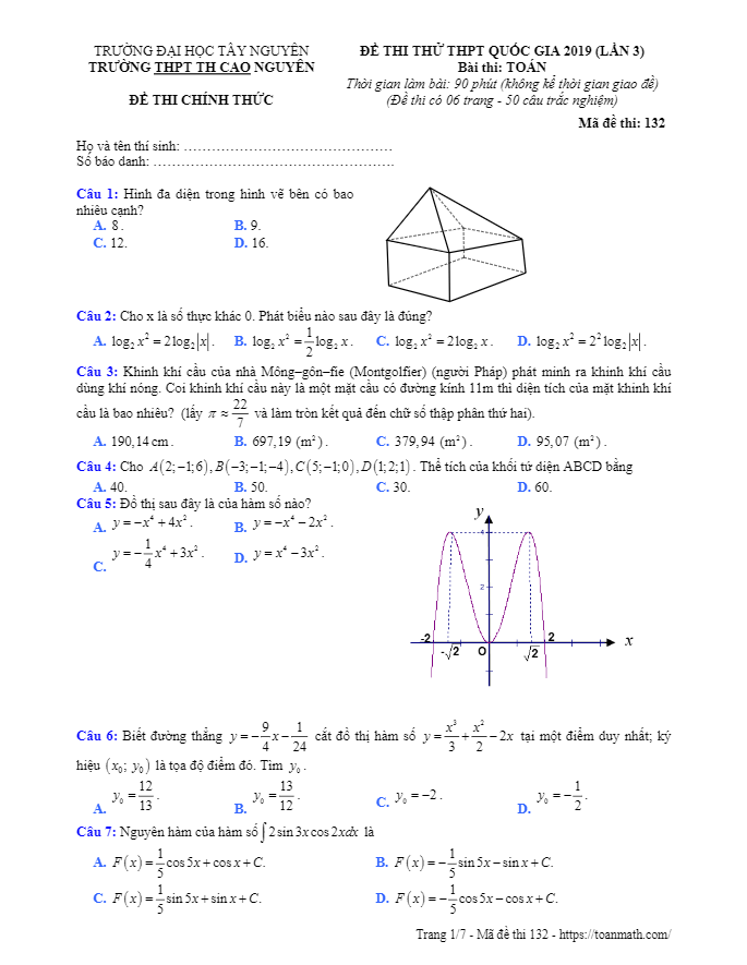đề thi thử toán thptqg 2019 lần 3 trường thpt th cao nguyên – đắk lắk