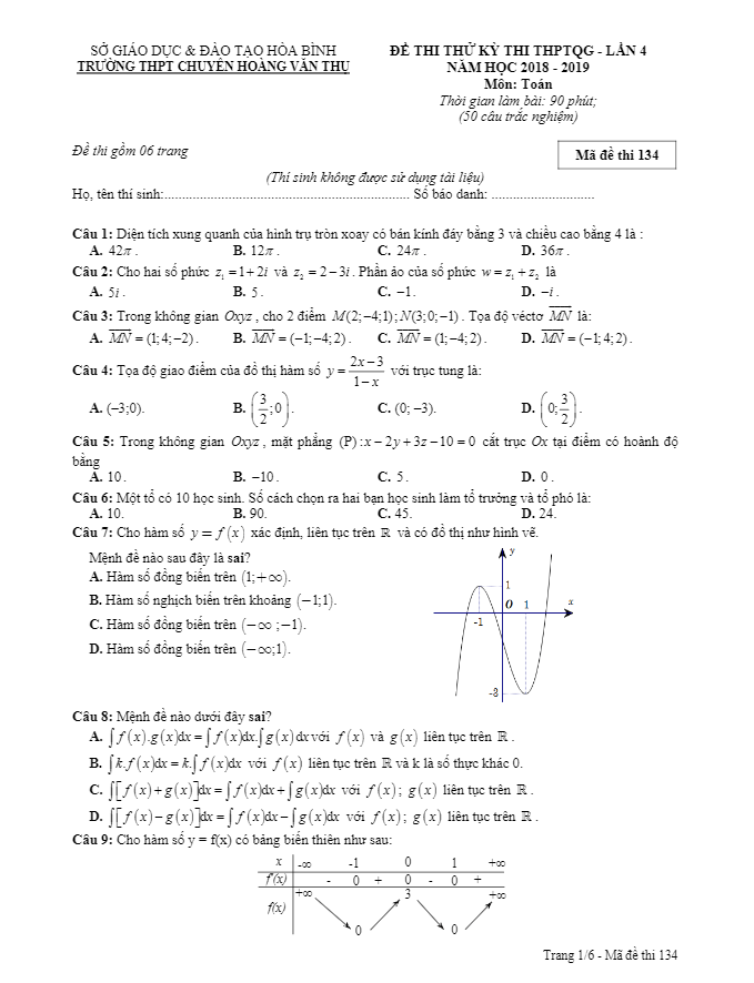 đề thi thử toán thptqg 2019 lần 4 trường chuyên hoàng văn thụ – hòa bình