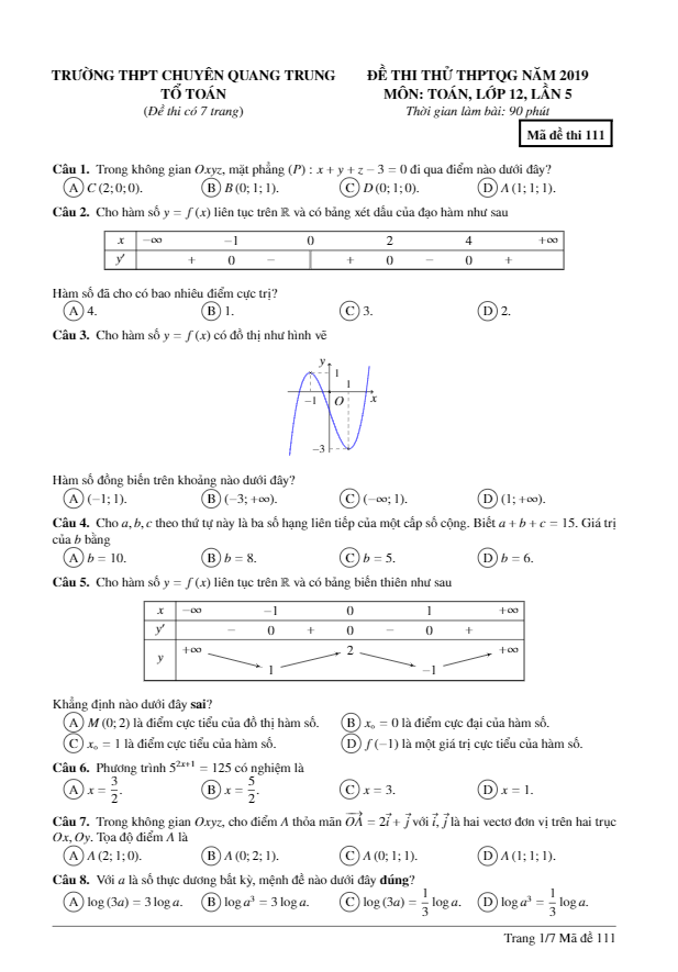 đề thi thử toán thptqg 2019 lần 5 trường chuyên quang trung – bình phước
