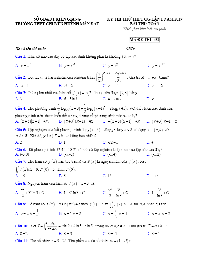 đề thi thử toán thptqg 2019 trường chuyên huỳnh mẫn đạt – kiên giang