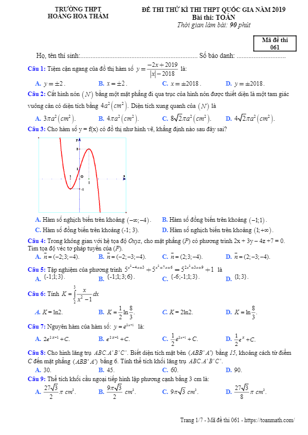 đề thi thử toán thptqg 2019 trường thpt hoàng hoa thám – hưng yên