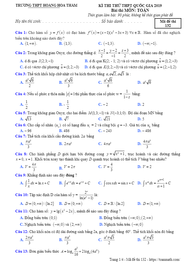 đề thi thử toán thptqg 2019 trường thpt hoàng hoa thám – khánh hòa