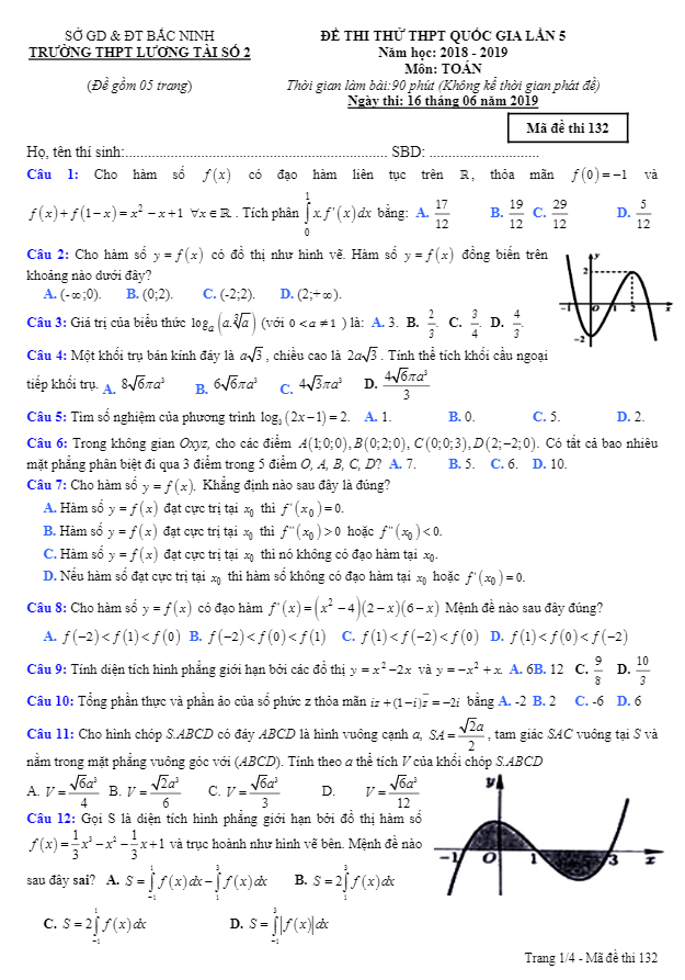 đề thi thử toán thptqg 2019 trường thpt lương tài số 2 – bắc ninh lần 5