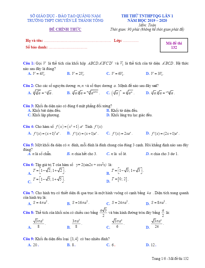 đề thi thử toán thptqg 2020 lần 1 trường chuyên lê thánh tông – quảng nam