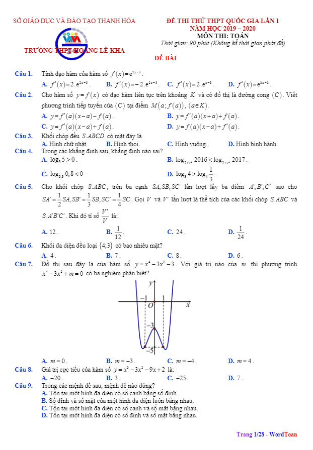 đề thi thử toán thptqg 2020 lần 1 trường thpt hoàng lê kha – thanh hóa
