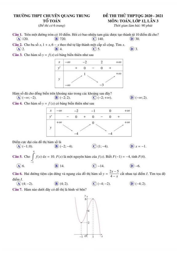 đề thi thử toán thptqg 2021 lần 3 trường chuyên quang trung – bình phước