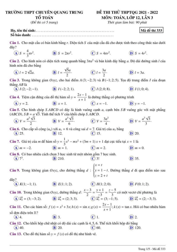 đề thi thử toán thptqg 2022 lần 3 trường chuyên quang trung – bình phước