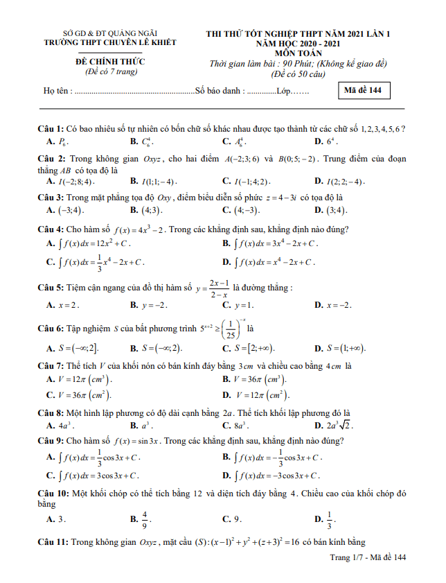 đề thi thử toán tn thpt 2021 lần 1 trường chuyên lê khiết – quảng ngãi