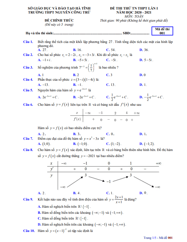 đề thi thử toán tn thpt 2021 lần 1 trường nguyễn công trứ – hà tĩnh