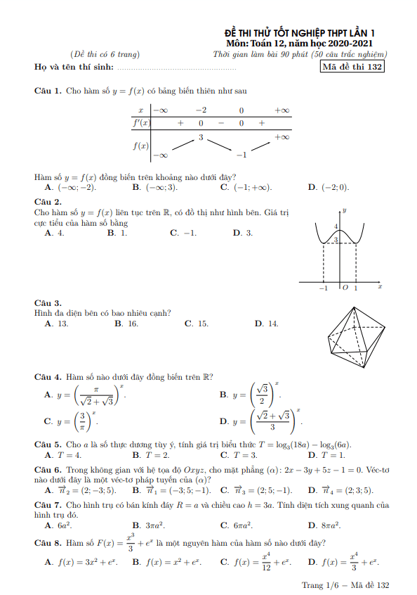 đề thi thử toán tn thpt 2021 lần 1 trường nguyễn thị minh khai – hà nội