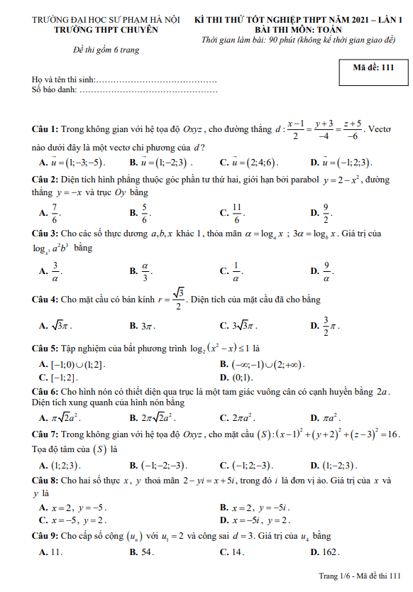 đề thi thử toán tn thpt 2021 lần 1 trường thpt chuyên đhsp hà nội