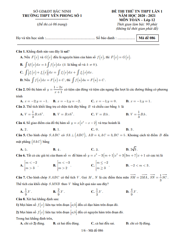 đề thi thử toán tn thpt 2021 lần 1 trường thpt yên phong 1 – bắc ninh