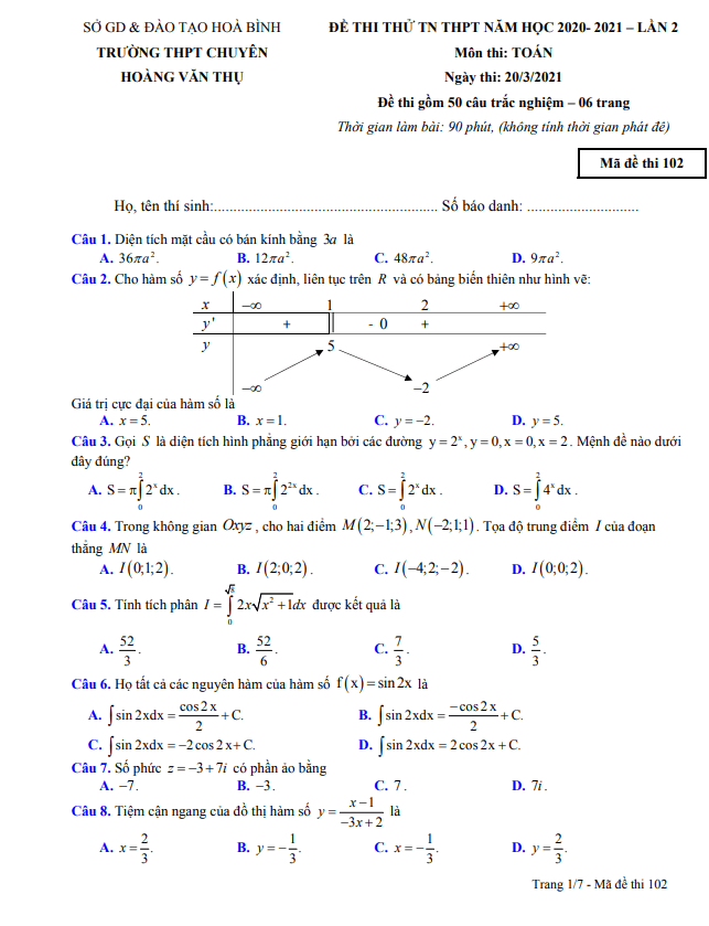 đề thi thử toán tn thpt 2021 lần 2 trường chuyên hoàng văn thụ – hòa bình
