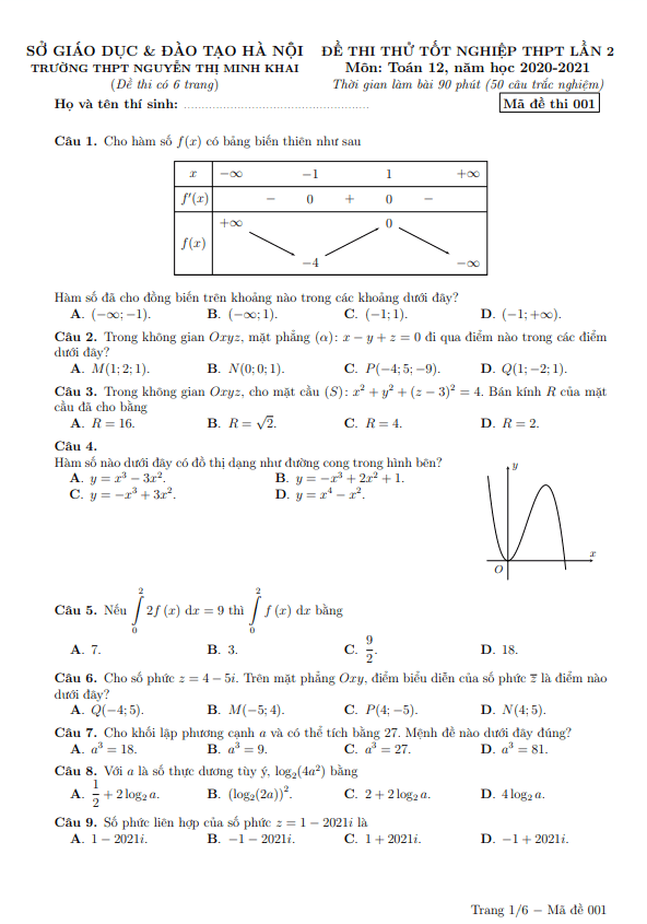 đề thi thử toán tn thpt 2021 lần 2 trường nguyễn thị minh khai – hà nội