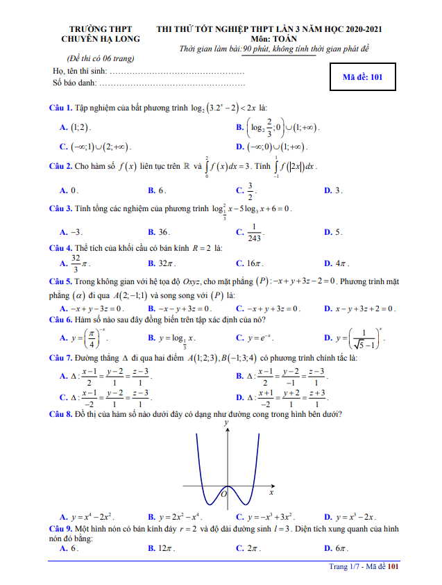 đề thi thử toán tn thpt 2021 lần 3 trường chuyên hạ long – quảng ninh