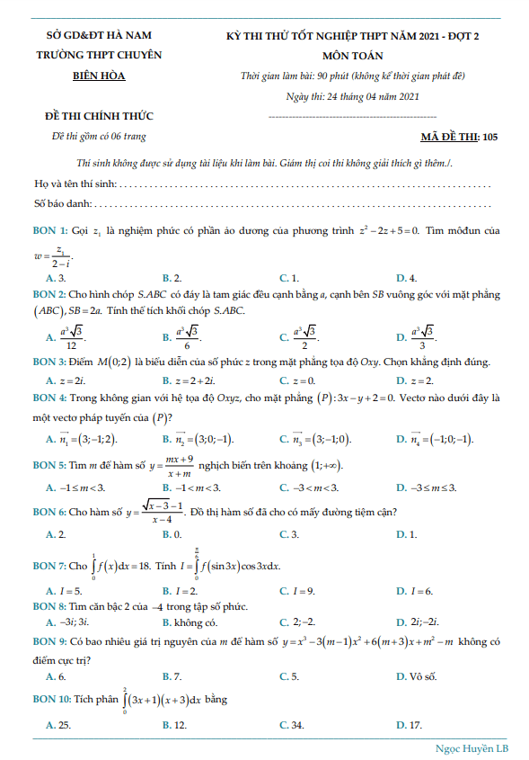 đề thi thử toán tn thpt 2021 trường chuyên biên hòa – hà nam (đợt 2)