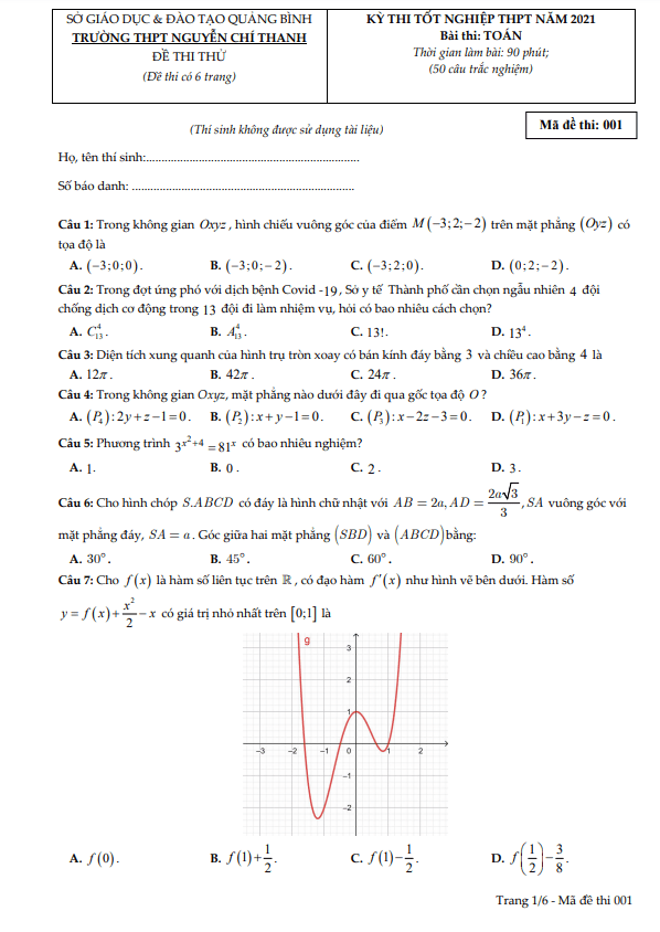 đề thi thử toán tn thpt 2021 trường thpt nguyễn chí thanh – quảng bình