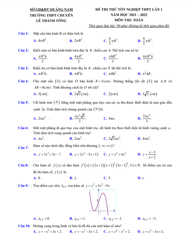 đề thi thử toán tn thpt 2022 lần 1 trường chuyên lê thánh tông – quảng nam