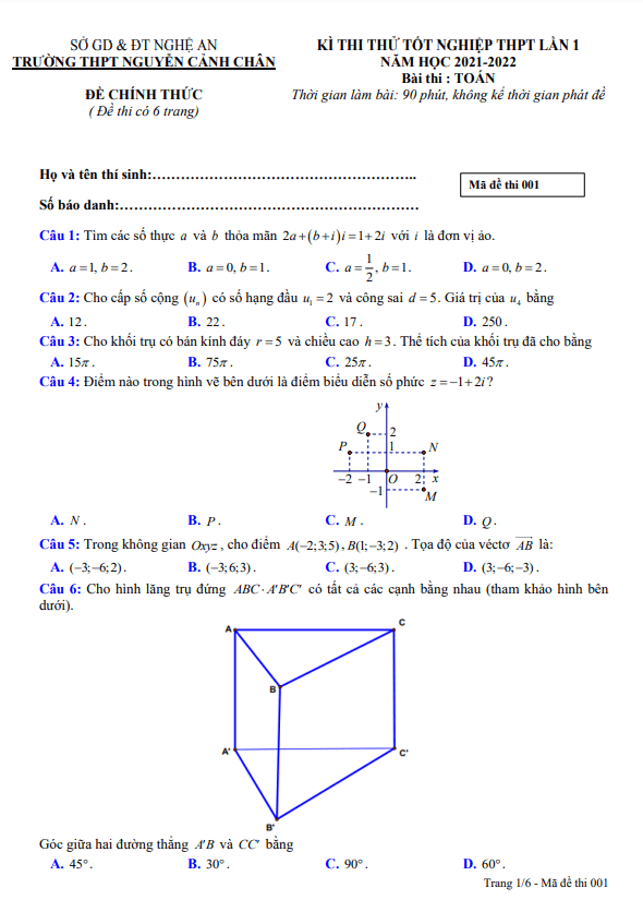 đề thi thử toán tn thpt 2022 lần 1 trường nguyễn cảnh chân – nghệ an