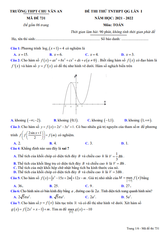 đề thi thử toán tn thpt 2022 lần 1 trường thpt chu văn an – thái nguyên
