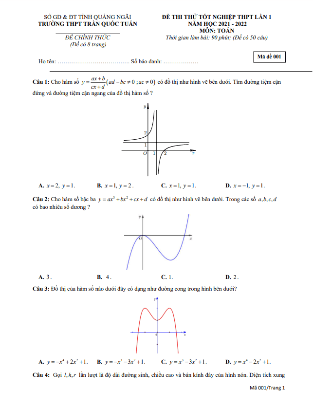 đề thi thử toán tn thpt 2022 lần 1 trường thpt trần quốc tuấn – quảng ngãi