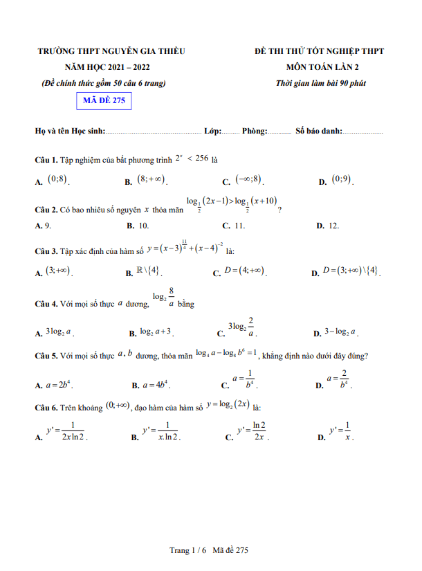 đề thi thử toán tn thpt 2022 lần 2 trường thpt nguyễn gia thiều – hà nội