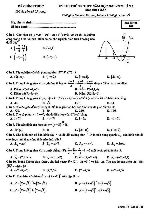 đề thi thử toán tn thpt 2022 lần 3 trường chuyên hạ long – quảng ninh
