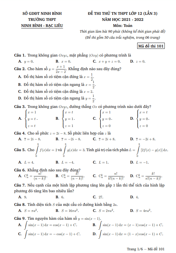 đề thi thử toán tn thpt 2022 lần 3 trường thpt ninh bình – bạc liêu – ninh bình