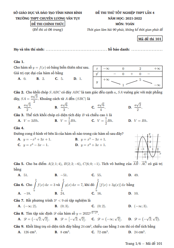 đề thi thử toán tn thpt 2022 lần 4 trường chuyên lương văn tụy – ninh bình