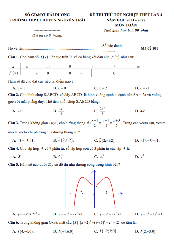 đề thi thử toán tn thpt 2022 lần 4 trường chuyên nguyễn trãi – hải dương