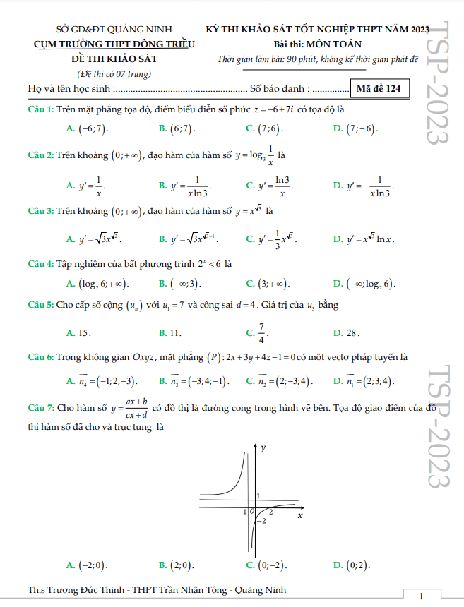 đề thi thử toán tn thpt 2023 cụm trường thpt đông triều – quảng ninh