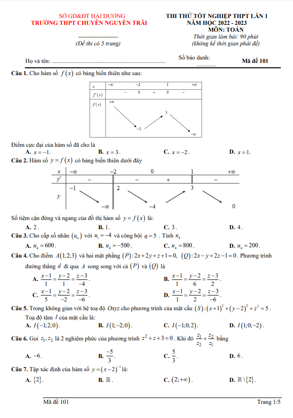 đề thi thử toán tn thpt 2023 lần 1 trường chuyên nguyễn trãi – hải dương