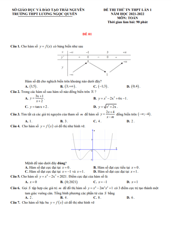 đề thi thử toán tn thpt lần 1 năm 2021 – 2022 trường lương ngọc quyến – thái nguyên