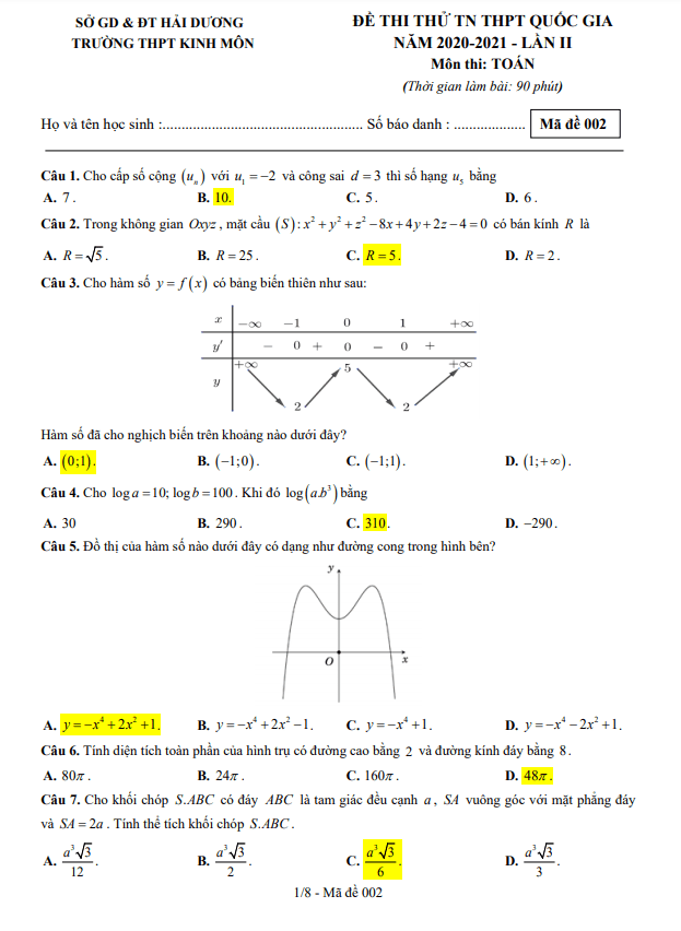 đề thi thử toán tn thptqg 2021 lần 2 trường thpt kinh môn – hải dương