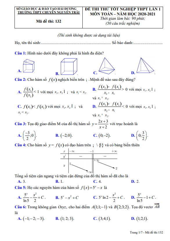đề thi thử toán tốt nghiệp thpt 2021 lần 1 trường chuyên nguyễn trãi – hải dương