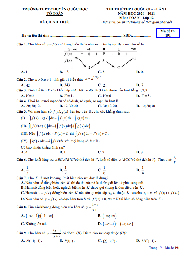 đề thi thử toán tốt nghiệp thpt 2021 lần 1 trường chuyên quốc học huế